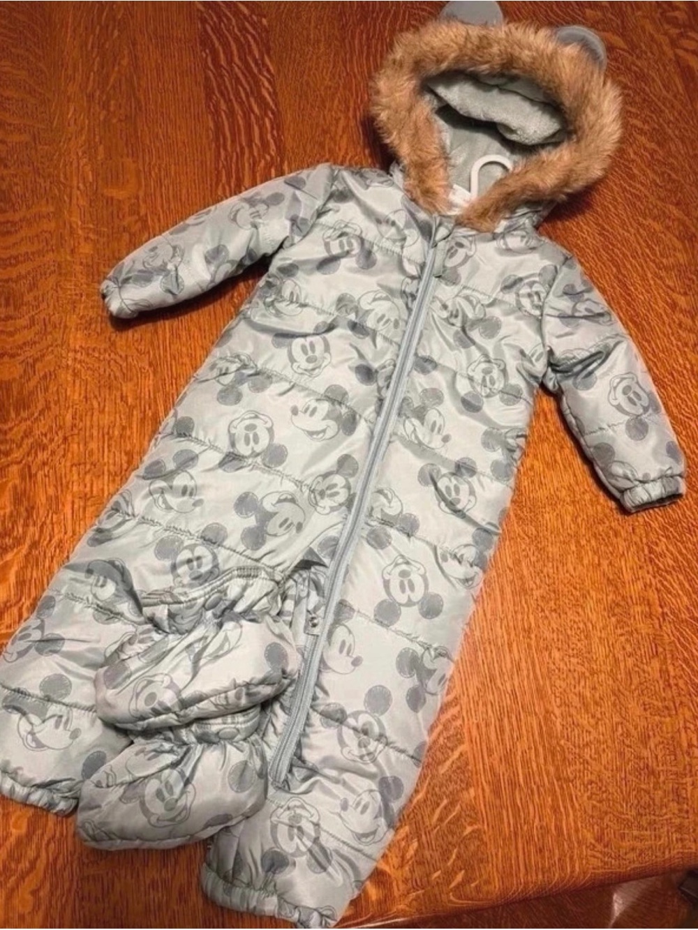 Disney Light Green Mickey Mouse Hooded Snow Suit with Faux-Fur Trim